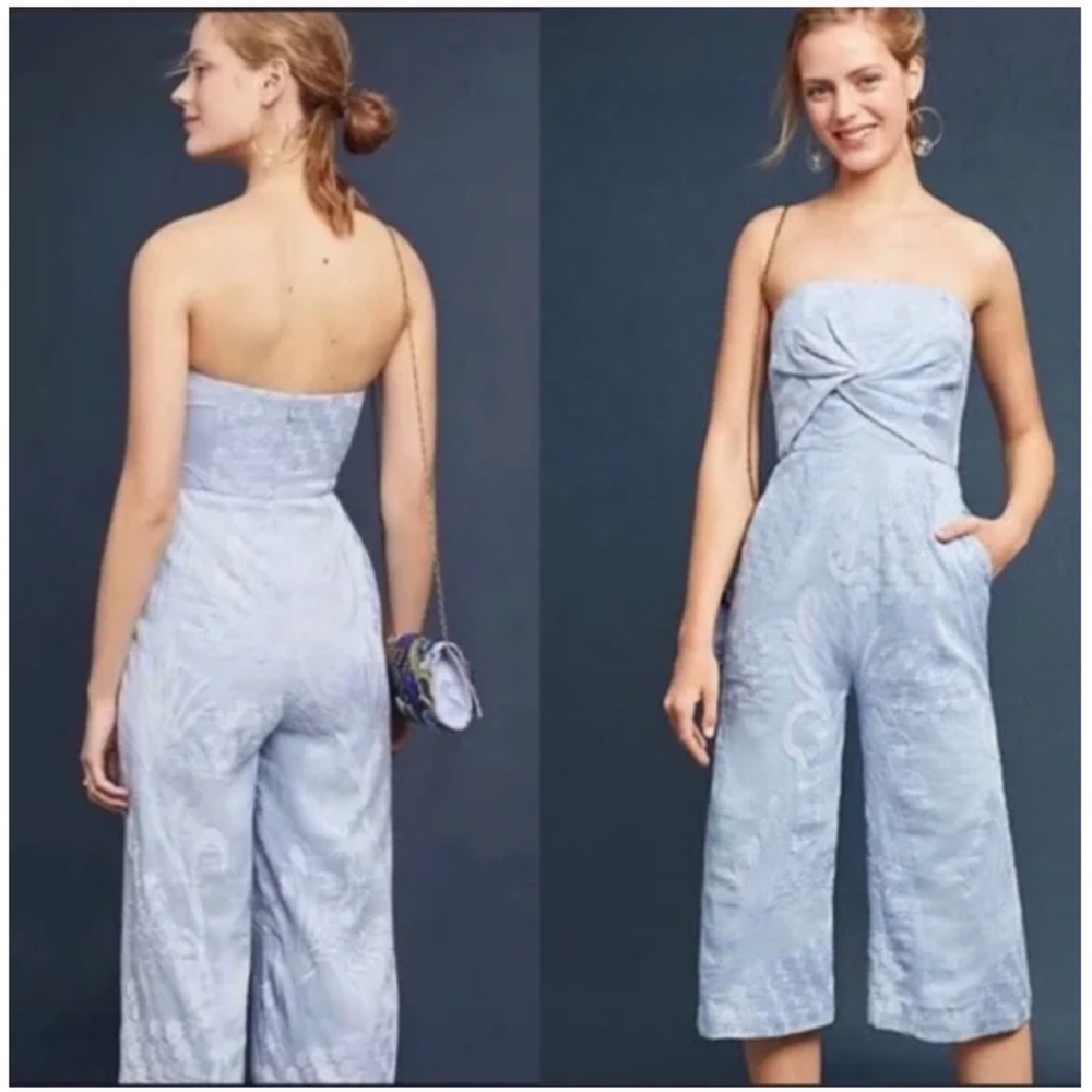 Anthropologie AIJEK Natalia Blue Embroidered Silk Bustier Jumpsuit